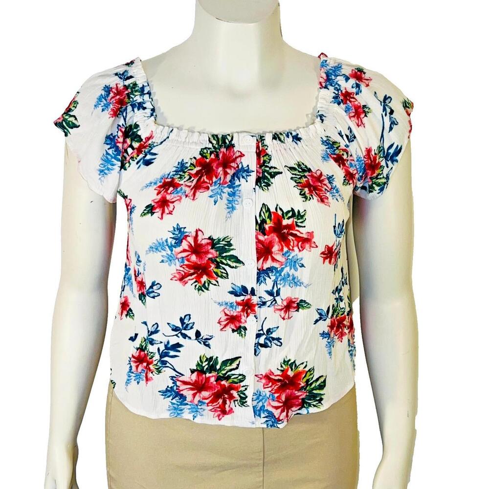 Daily Special Blouse Women L White Floral Scoop Rayon Relaxed
